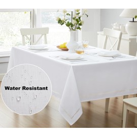 Newbridge Fabric Rectangle Tablecloth, 60 x 84 Inch, Summer Provence Lattice Cutwork Solid Color Textured, Water and Stain Resistant Easy Care Fabric Table Cloth for Parties and Buffets, White