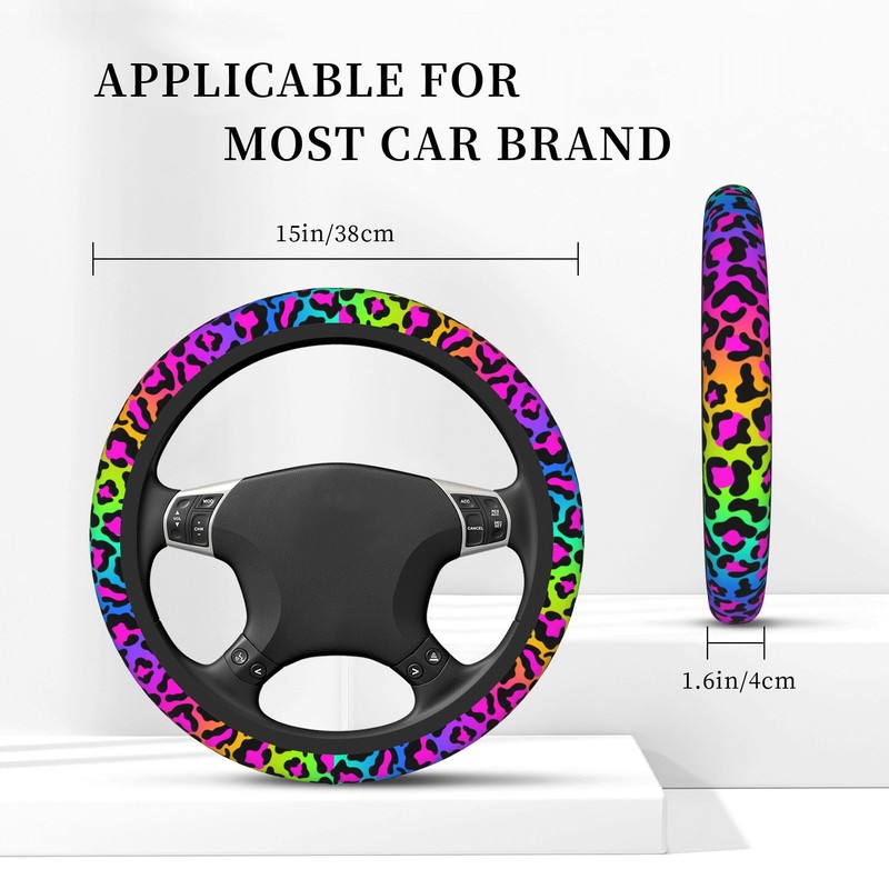 Rainbow Leopard Steering Wheel Cover,Cheetah Spots Elastic Non-Slip Steering Wheel