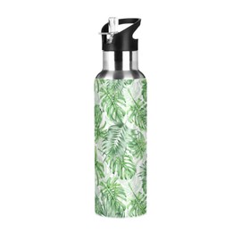 HJJKLLP Tropical Palm Leaves Sport Water Bottle with Straw Lid Double Wall Vacuum Insulated Stainless Steel Water Bottle 20 oz