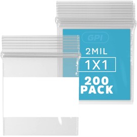 GPI 200 Count 1" x 1" CLEAR PLASTIC RECLOSABLE ZIP BAGS - Bulk 2 mil Thick Strong & Durable Poly Baggies With Resealable Zipper Top Lock & write-on white block, for jewelry, packaging & shipping