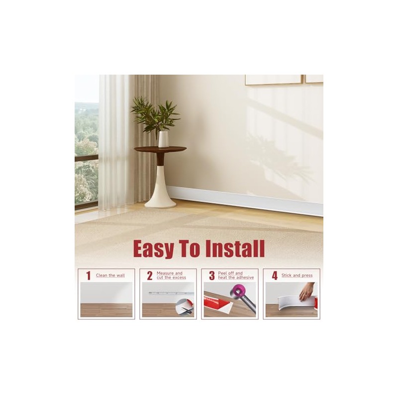 Vinyl Wall Base, 4 Inch(W) x 10 Feet(L) Flexible Baseboard