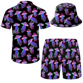 Wdpsuxin Mens 2 Piece Hawaiian Shirt And Shorts，Mushroom Rave Outfits Matching Set Shirt And Compression Liner Shorts With Bucket Hats For Beach Vacation Large