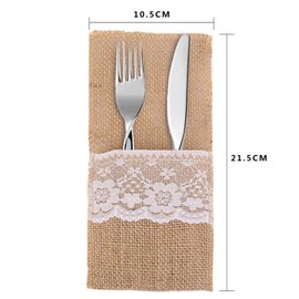 DECORA 4 X8 Inch Hessian Burlap Lace Jute Cutlery Pocket Knifes Forks Bag Burlap Silverware Holders for Wedding Table Decoration 50PCS