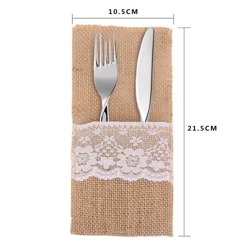 DECORA 4 X8 Inch Hessian Burlap Lace Jute Cutlery Pocket