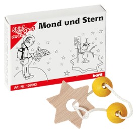 Bartl 109293 Mini Wooden Puzzle Moon and Star Made of 3 Small Wooden Pieces and a String