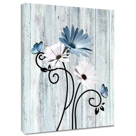 HVEST Vintage Daisy Butterfly Canvas Wall Art Blue Floral Picture Rustic Bathroom Wall Decor, Farmhouse Floral Botanical Wall Art for Living Room Bedroom Home Office Decor, 12L x 16W Inches