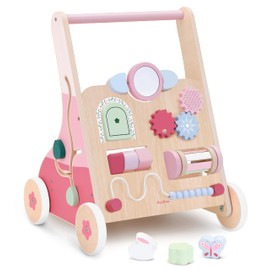 PairPear Wooden Baby Walker Push and Pull Learning Activity Walker,Toddler Sit to Stand Push Walker Toys Gift for Baby Boys and Girls 12 m+ （Pink Rabbit