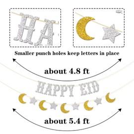 RoadSea Happy Eid Banner - Eid Mubarak Moon Star Party Garland Supplies - Ramadan Festival Party Decoration Supplies - Silver Glitter