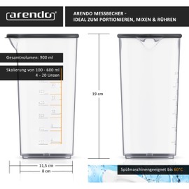 Arendo - Plastic Measuring Cup 600ml - 20oz - Clear Cup Transparent - Ideal for Electric Hand Blenders and Hand Blenders - Drinking Cup