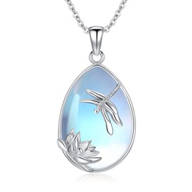YONFQE Dragonfly Lotus Necklace 925 Sterling Silver Lotus Pendant Moonstone Teardrop Dragonfly Necklaces Jewellery Gifts for Women Mom