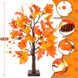 2 Pack 24" Lighted Fall Maple Tree, Fall Decorations Artificial Light Up Fall Tabletop Tree with 24 Prelit Lights Thanksgiving Decoration for Home Indoor Autumn Harvest Decor