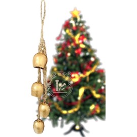 RIYLBEX Christmas Gold Metal Bells with Jute Hanging Rope Set of 4 Vintage Decorative Bell Chime Wall Hanging Brass Finish Home Decor Bells for Christmas, Easter & Winter Holiday