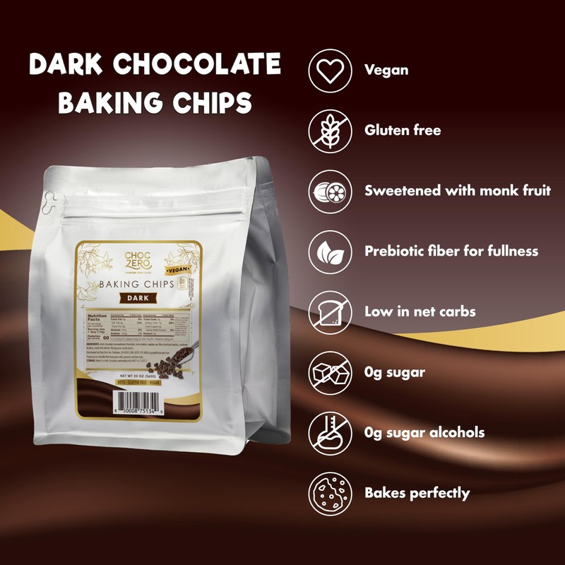 ChocZero Dark Chocolate Chips, Sugar Free, Vegan, Keto & Low