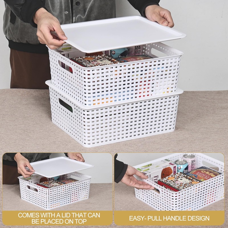 Xowine 6-Pack Plastic Woven Basket with Lids, Lidded Storage Bin,