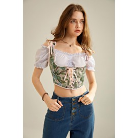 Scarlet Darkness Women's Renaissance Corset Belt Ren Faire Bustier Underbust Corset Beige Green Floral Size 16