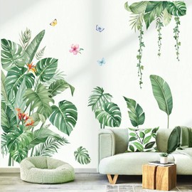 decalmile Large Green Leaves Wall Decals Tropical Palm Leaf Plant Wall Stickers for Living Room Sofa TV Background Wall Decor