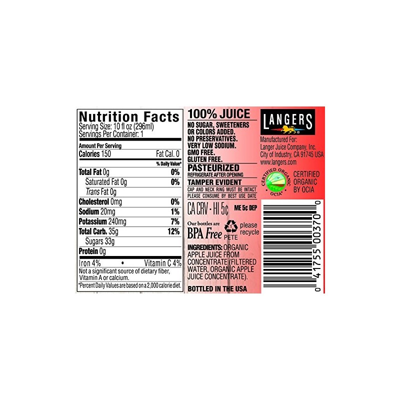 Langers Organic 100% Apple Juice, 10 Fluid Ounce (pack Of