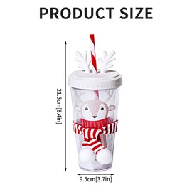 Water Cup with Straw and Lid, 420ml Double Wall Cute Water Tumbler with Snowball Scarf, Leak Proof Christmas Kids Water Bottles for Children, Adult, School, Office, Cycling, Sport, Travel (Elk)