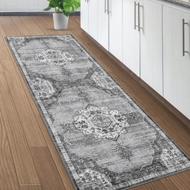GAOMON Runner Rug 2x6 Vintage Hallway Rug Machine Washable Rug Runner Non Slip Low Pile Distressed Rug Ultra Thin Lightweight Rug for Kitchen Bedroom Bathroom, Grey