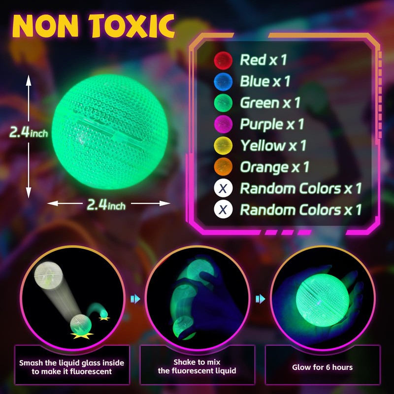 Mega-L Glow in the Dark Balls, 8 Pcs Multicolor Glow