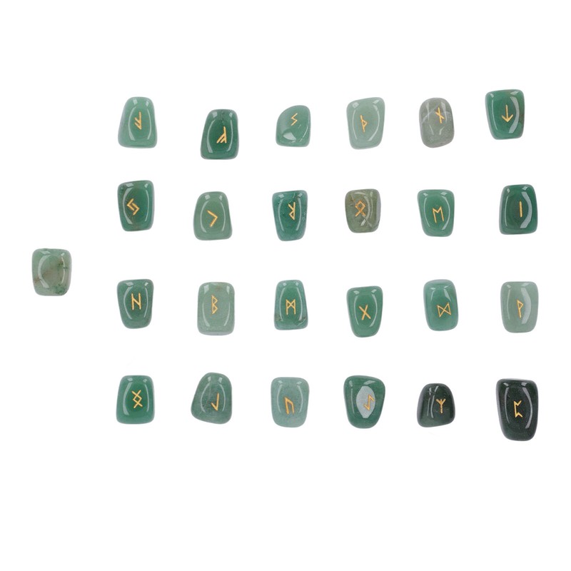 25pcs Rune Stones Set Hand Carved Polished Green Aventurine Portable