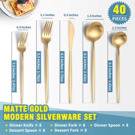 Lemeya Matte Gold Silverware Set for 8,Modern Stainless Steel Brushed Cutlery Set,40-Pieces Heavy Duty Flatware Set,Knives Spoons and Forks Set Utensils Set,Satin Finish,Dishwasher Safe