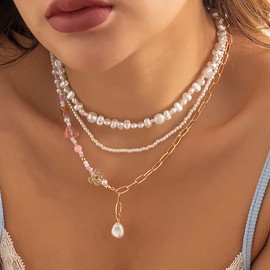 Carufin Layered Y-Shaped Fringe Necklace Gold Pearl Beaded Heart-Shaped Flower Necklace Adjustable Chain Jewelry for Women and Girls