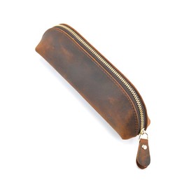 Genuine Leather Pencil Case Stationery Bag Unique Design Zippered Pen Pouch for School Work Office(Yellow Brown)