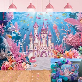 Under The Sea Backdrop Summer Underwater World Wonderland Castle Coral Shell Mermaid Ocean Theme Photography Background Girls Princess Baby Shower Birthday Party Decorations Photo Props (7x5FT)