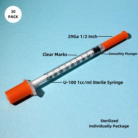 Umcry 29 Gauge 1cc 1/2 Inch（13mm) Syringes,Individually Wrapped Package of 30