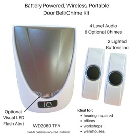 Battery Powered Wireless Portable Door Bell Chime with Visual Alert Kit, 6 Chime Tones 4 Volume Levels, 2 Buttons White