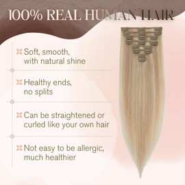 TESS Blonde Clip in Hair Extensions Real Human Hair, 10 Inch 50g Hair Extensions Clip in, 8 PCS Clip in Hair Extensions - (Light Blonde Highlighted Golden Blonde)