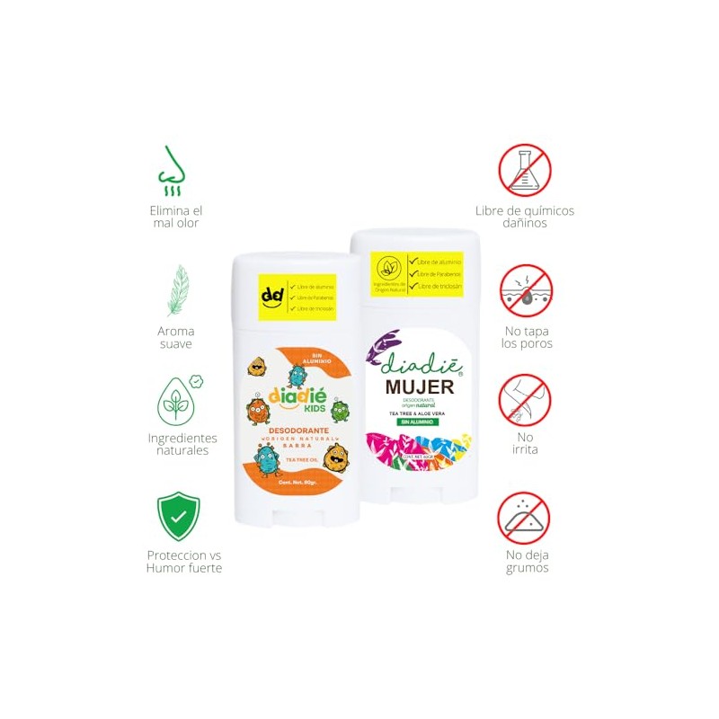 DIADIE Desodorante natural Barra, Kids Original + Mujer 24hrs 3