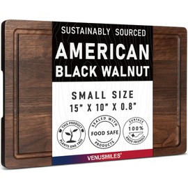 Walnut Wood Cutting Board for Kitchen with Deep Juice Groove & Side Handles, 15”L x 10”W x 0.8”H, Handcrafted North American Black Walnut Wood Grain, Small Chopping Board, Reversible Butcher Block