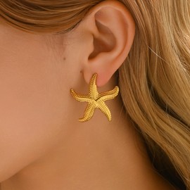 foyjoey Gold Earrings for Women 18K Gold Plated Chunky Starfish Seashell Conch Flower Pearl Stud Earrings Hypoallergenic Circle Link Dangle Earrings Trendy Jewelry