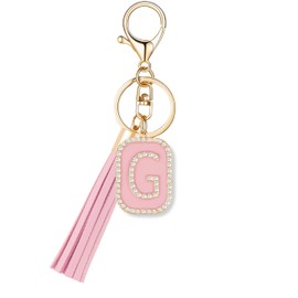 OKAICEN Cubic Zirconia Crystal Alphabet Initial Letter Keychain Pink Tassel Pendant Key Ring for Women Purse Handbag - G