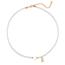Casxyue Pearl Necklace Initial A-Z Heart Pendant Necklace For Women Girls Round Imitation Pearl Choker Necklace Wedding Bridesmaid Bridal Pearl Jewellery Birthday Christmas Gifts (B)