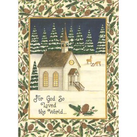 Religious Christmas Card 9 Pack ~ God So Loved the World, Peaceful Pinery (5" x 7"; Ivory Envelopes; 9-1)