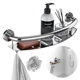 Polished Chrome Safety Grab Bar 18-inch with Storage Shelf for Bathtub or Shower, Drainage Holes, Stainless Steel, Wall Mounted Grab Bars for Elderly Injured Balance Support
