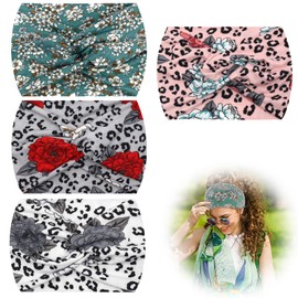 4 Pack Non Slip Wide Headbands, Turban Headbands for Women, Ladies Fashion Head Bands Boho Floral Print, Cute Knot Elastic Hair Bands for Sweat-Wicking