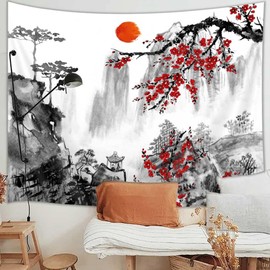 Tapiz japonés, tapiz de flores de cerezo japonés de primavera para colgar en la pared, tapiz de pared japonés de montaje Fuji asiático, tapices de paisaje natural para recámara, sala de estar, decoración del hogar (60 x 40 pulgadas)