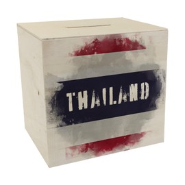 Wooden money box Thailand flag in used look - piggy bank for holidaymakers a beautiful money box decorated with the Thai national flag to save on the journey