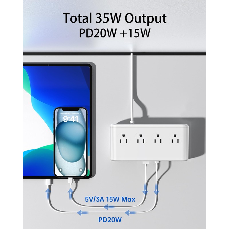 KWRNVO 10-in-1 USB Charging Station with AC Outlets, Surge Protector