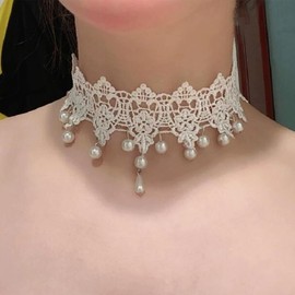 Sttiafay Wide Lace Choker Necklace White Pearl Lace Collar Necklace White Teardrop Pearl Choker Necklaces Gothic Hollow 90s Victorian Tattoo Necklaces Wedding Party Jewelry