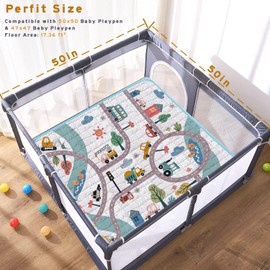 Baby Play Mats for Floor, 50X50 Playpen Mat, Car Play Mat Non-Slip Cushioned Crawling Mat Thick Soft Playmats for Babies Toddlers Infants Activity & Tummy Time, Machine Washable (Car,50x50)