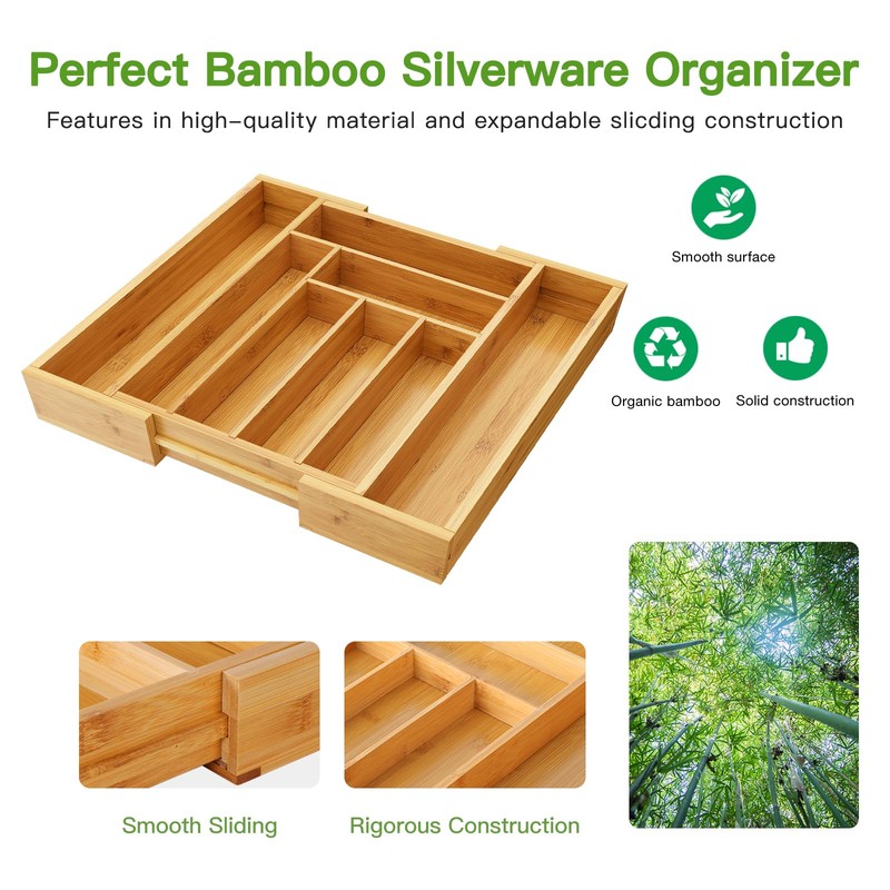 Pipishell Bamboo Expandable Drawer Organizer for Utensils Holder, Adjustable Cutlery