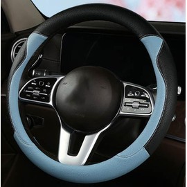 Funda para volante de piel con orejas de gato, 38 cm, ajuste universal, para volante de piel en forma de D, color negro y azul