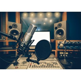 CORFOTO 7x5ft Fabric Microphone Backdrop Photography Professional Condenser Studio Microphone Sound Background Music Party Decorations Live Concert Backdrop Photoshoot Booth Studio Props