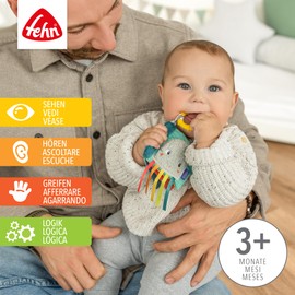 Fehn Mini Libro sonoro calamaro - Mini Libro tattile con Motivi Naturali - 6 Pagine con Materiali e funzioni entusiasmanti da Toccare, afferrare e ammirar - Ottimo per casa e in Viaggio