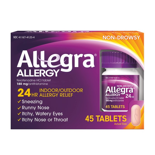 Allegra Adult 24HR Non-Drowsy Antihistamine, 45 Tablets, Fast-acting Allergy Symptom Relief, 180 mg